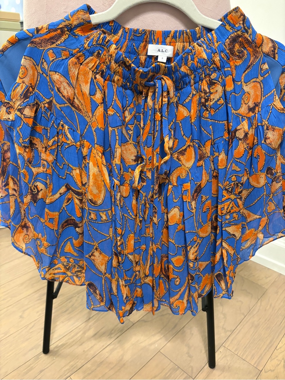 A.L.C. Blue and Orange Abstract Pleated Top